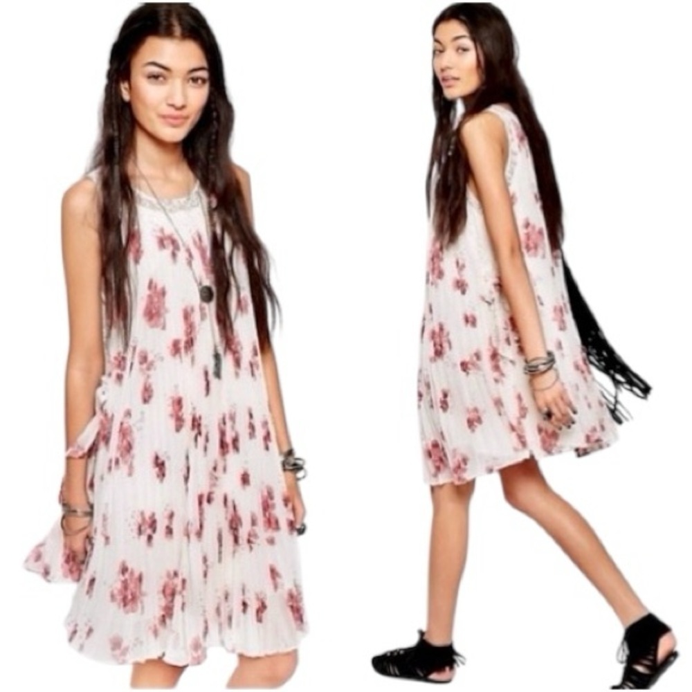 Free People Pleated Tent Dress Medium Ivory Floral Lace Boho Swing Mini Flowy